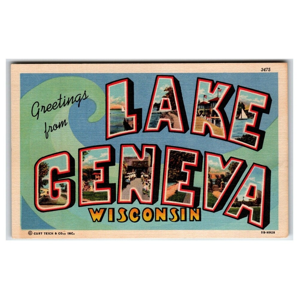 Greetings from Lake Geneva Wisconsin Big Letter Linen Postcard 1945
